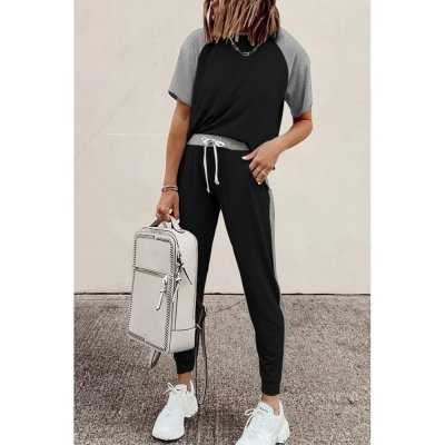 Black Colorblock Short Sleeves and Joggers Sports Set