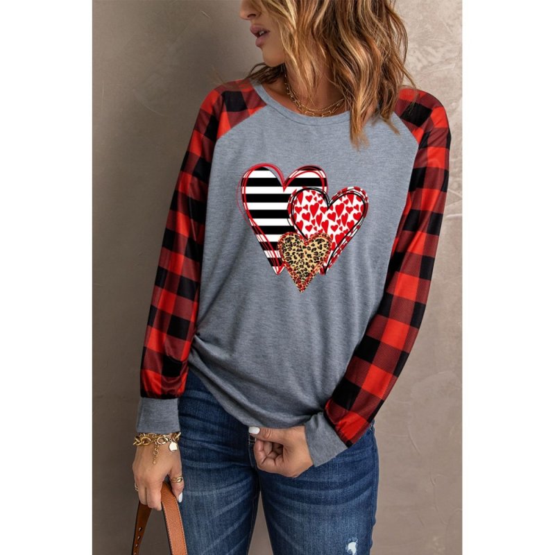 Gray Valentine Pattern Heart Print Plaid Long Sleeve Sweatshirt