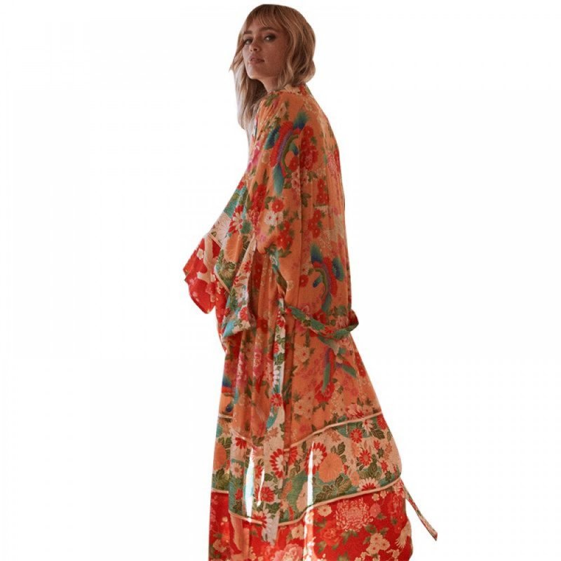 New Women Chiffon Kimono Cardigan Floral Print Long Sleeve Loose Outerwear Bikini Cover Up Orange