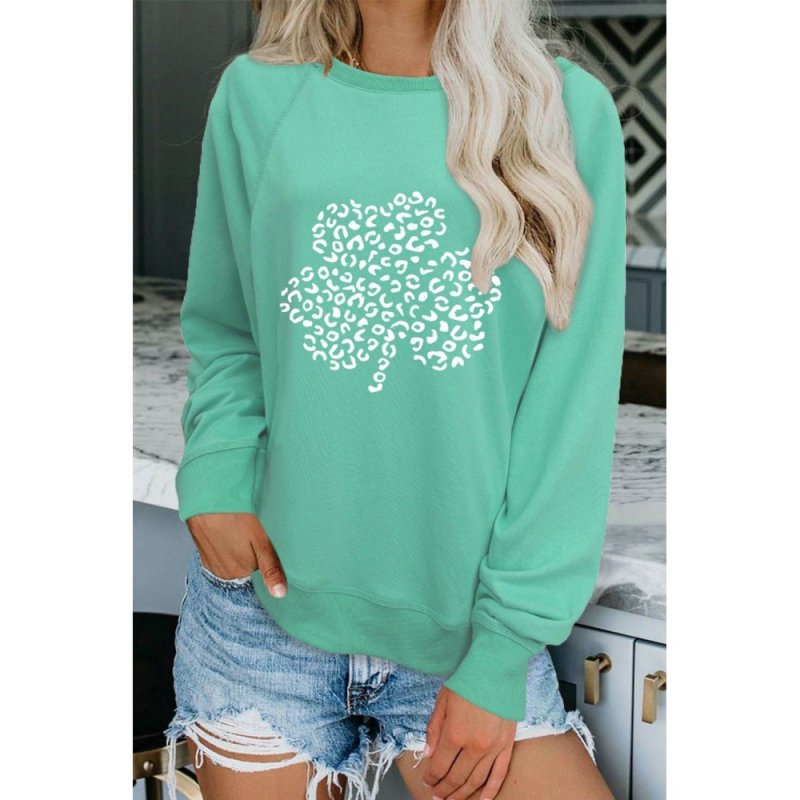 Green Leopard Clover Print Long Sleeve Sweatshirt