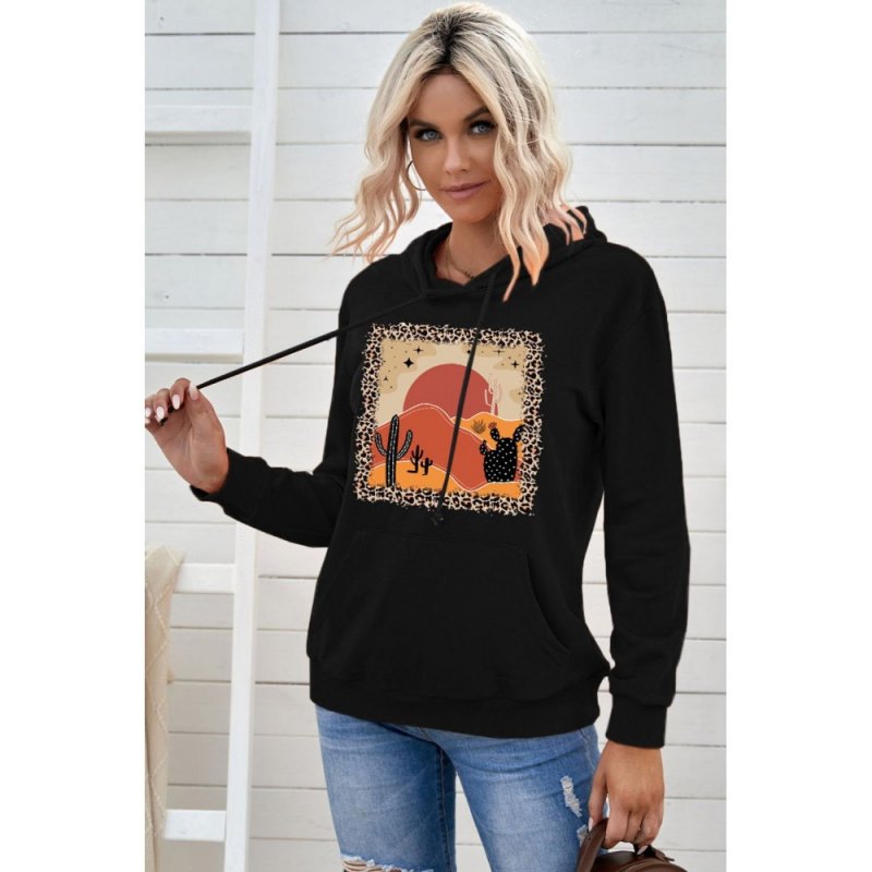 Black Western Leopard Desert Print Long Sleeve Sweatshirt