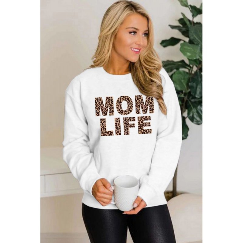 White MOM LIFE Leopard Print Long Sleeve Pullover Sweatshirt