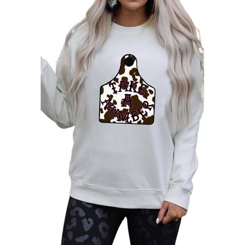 White Round Neck Print Long Sleeve Sweatshirt