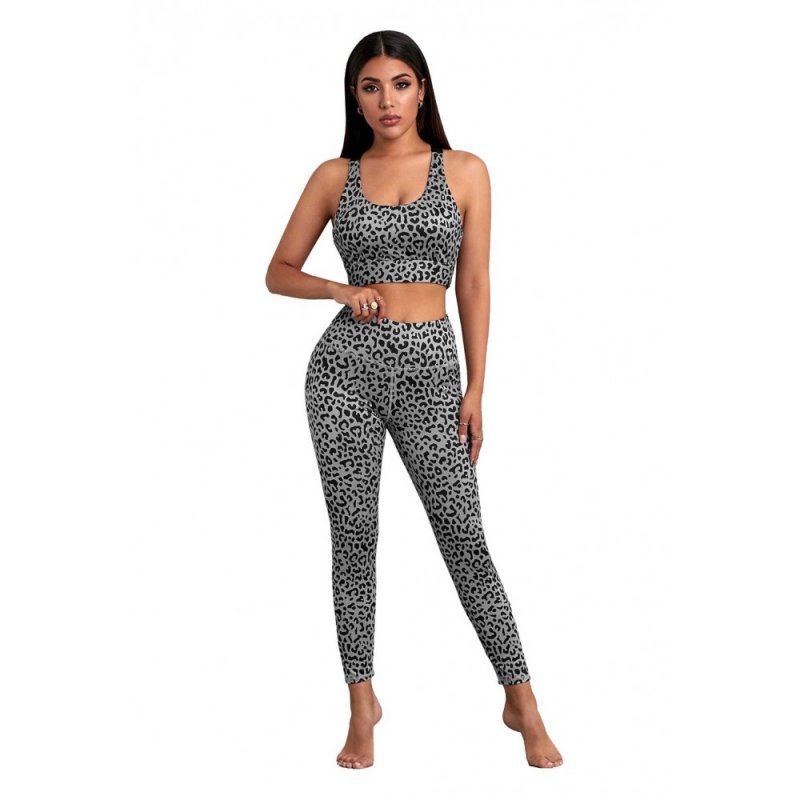 Gray Cheetah Print Sport Bra Pants Set