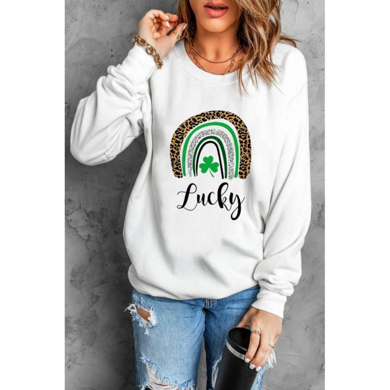 White St. Patrick's Day Lucky Clover Print Graphic Sweatshirt