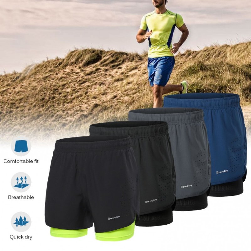 Doorslay Men's 2-in-1 Running Shorts Quick Drying Breathable Active Training Exercise Jogging Cycling Shorts with Longer Liner