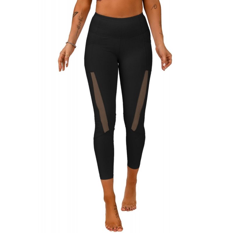 Black Mesh Side Splicing High Waist Yoga Sports Leggings with Phone Pocket