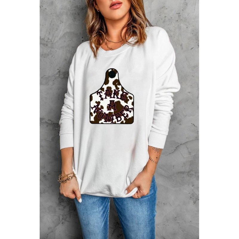 White Round Neck Print Long Sleeve Sweatshirt