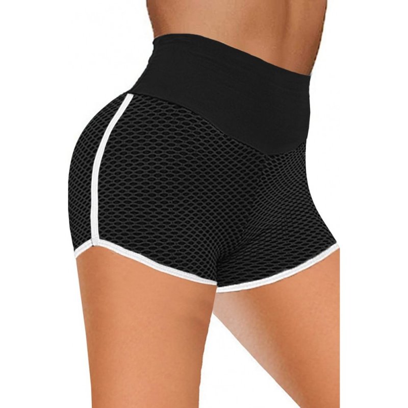 Black High Waist Honeycomb Contrast Stripes Butt Lifting Yoga Shorts