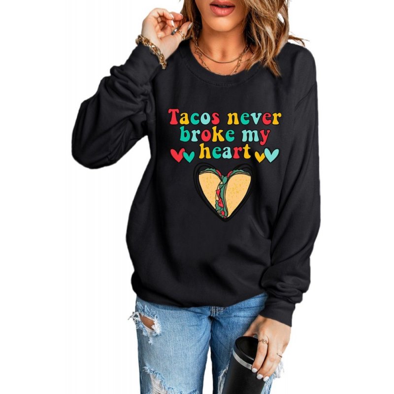 Letter Graphic Heart Print O-neck Long Sleeve Sweatshirt