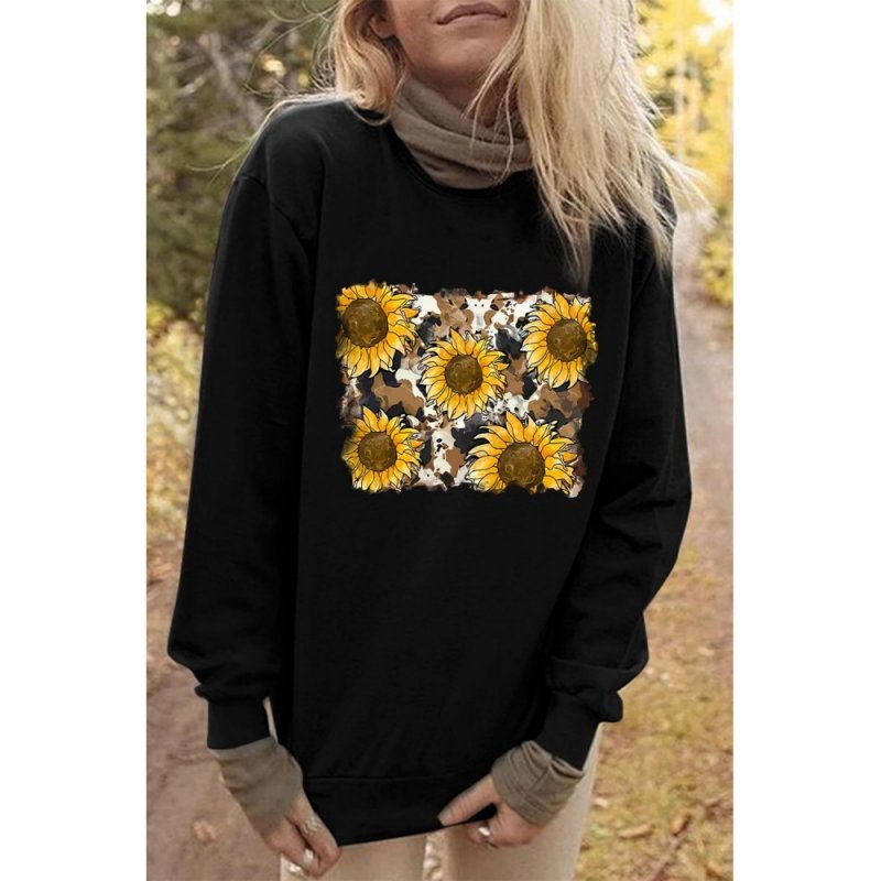 Sunflower Print Long Sleeve Pullover Sweatshirt