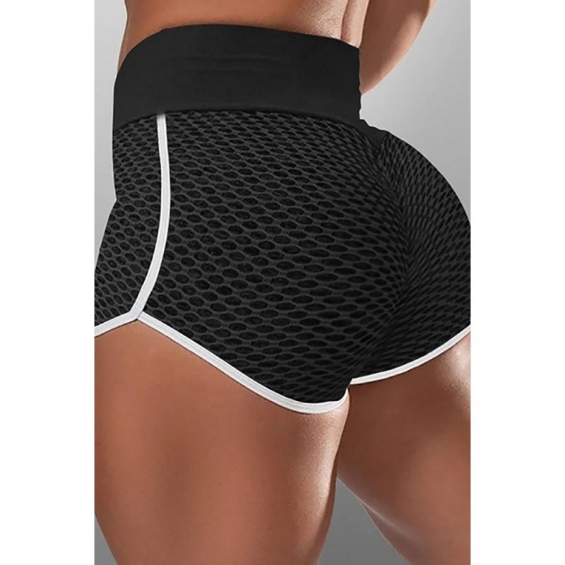 Black High Waist Honeycomb Contrast Stripes Butt Lifting Yoga Shorts