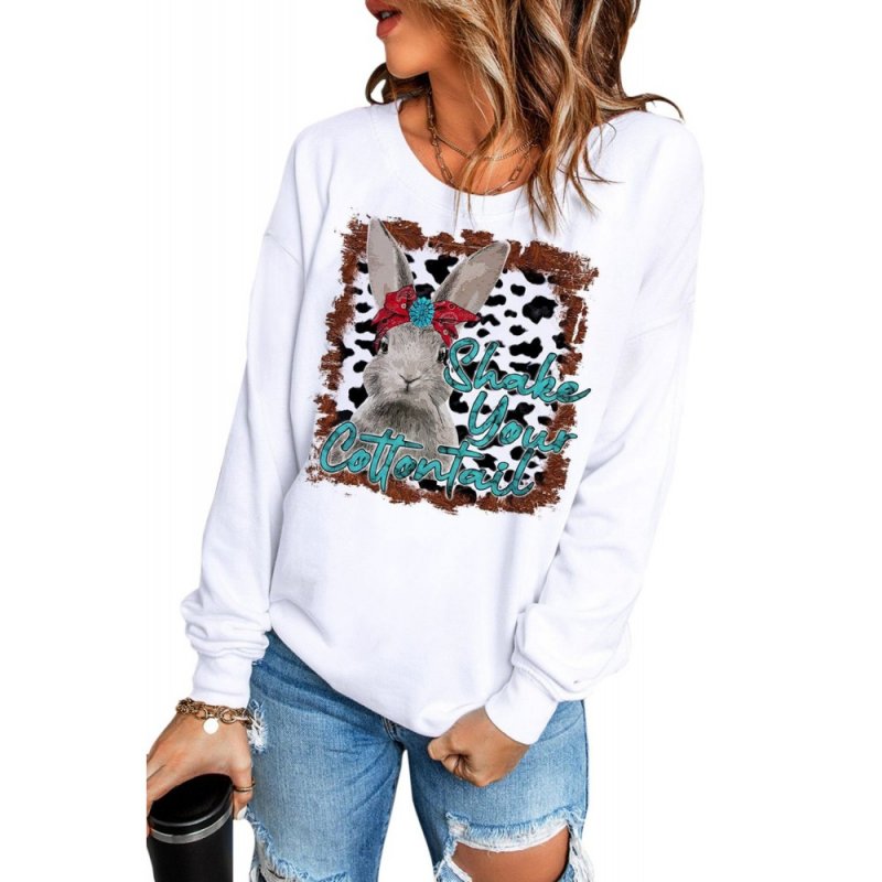 White Bunny Letter Cow Print Long Sleeve Sweatshirt