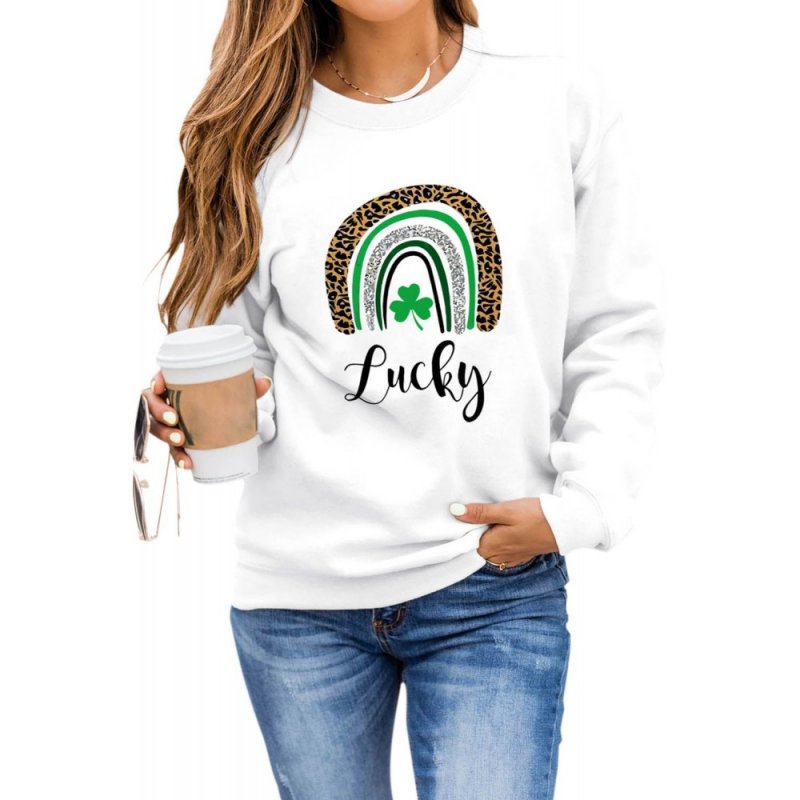 White St. Patrick's Day Lucky Clover Print Graphic Sweatshirt