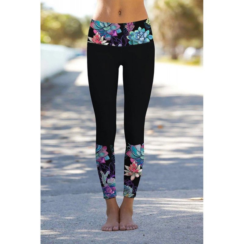 Black Floral Printed Details Leggings Yoga Pants