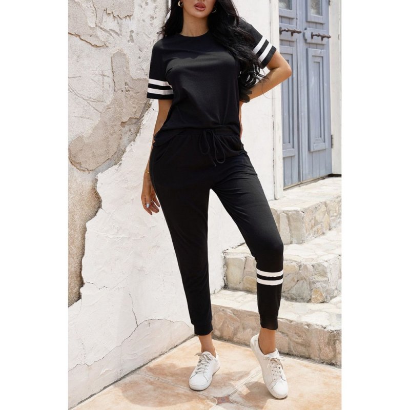 Black Striped Accent Short Sleeve and Joggers Set