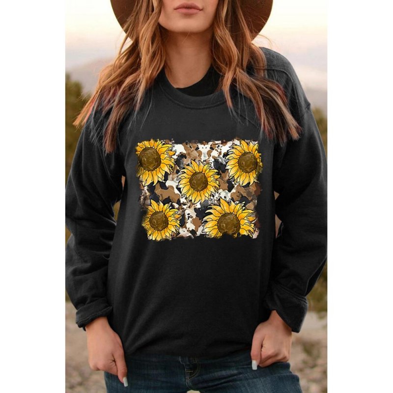 Sunflower Print Long Sleeve Pullover Sweatshirt