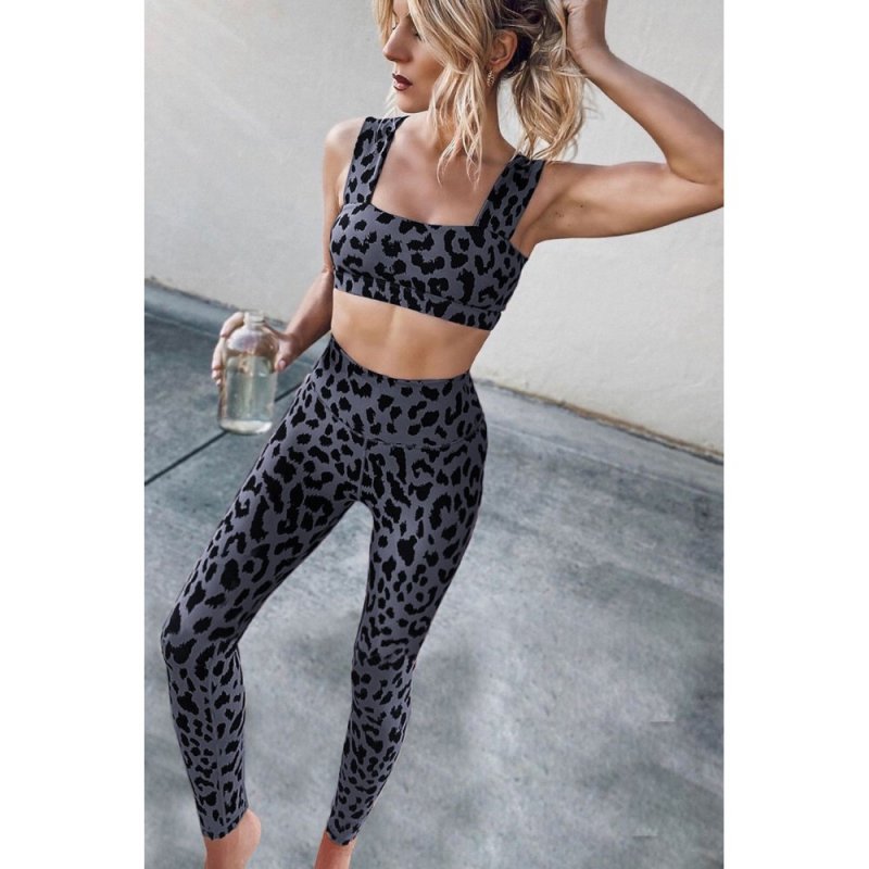 Gray Leopard Print Yoga Sets