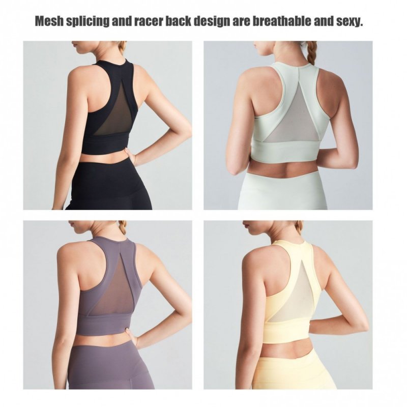 Women Sports Bra U-Neck Mesh Splicing Racer Back Crop Tops Breathable Quick-Dry Vest Yoga Fitness Underwear